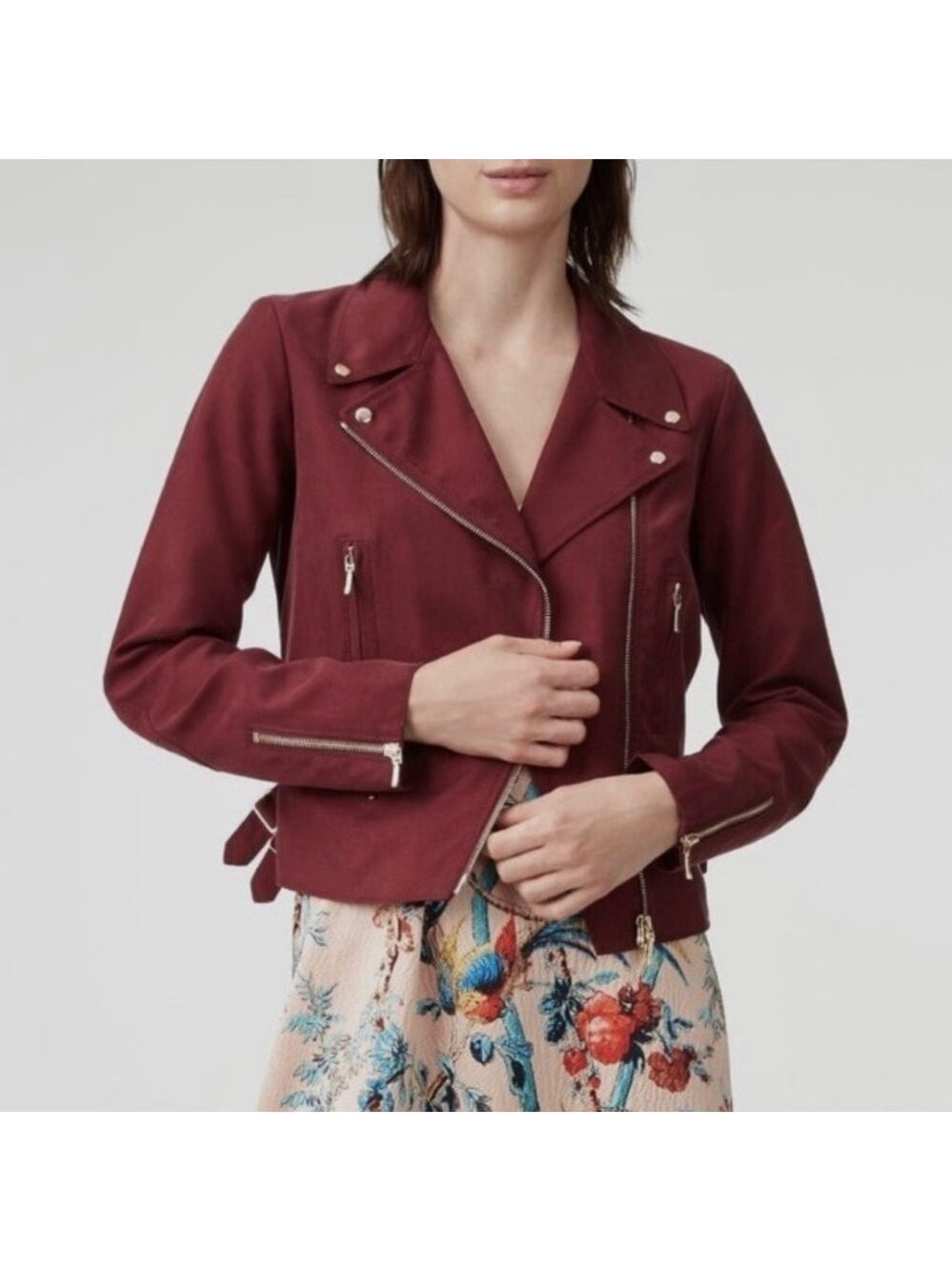NWT Club Monaco| Stunning Moto Jacket. Burgundy with gold accents. Medium. J70